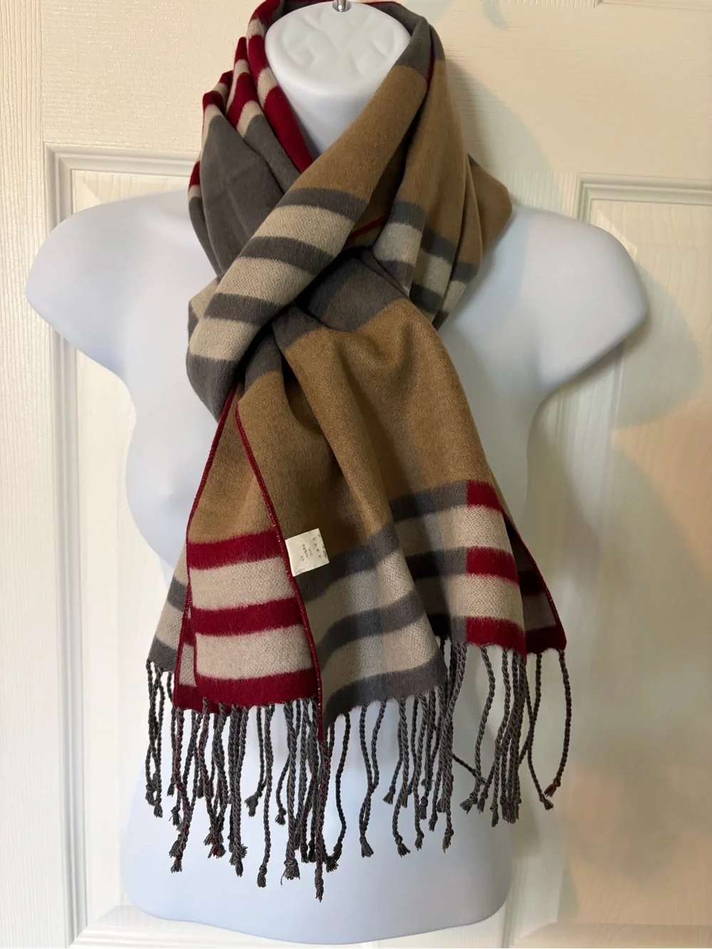 Silk Cozy Striped Fringe Throw Scarf in Red, Gray, and Tan
